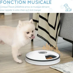Distributeur de nourriture chat chien - distributeur automatique programmable - 6 compartiments - écran LED - fonction musicale intégrée - ABS gris blanc