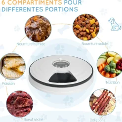 Distributeur de nourriture chat chien - distributeur automatique programmable - 6 compartiments - écran LED - fonction musicale intégrée - ABS gris blanc