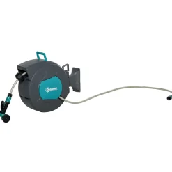 Dévidoir mural enrouleur automatique pivotant 180° tuyau 15 + 1,4 m avec lance arrosage support mural intégré turquoise gris