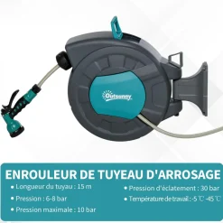 Dévidoir mural enrouleur automatique pivotant 180° tuyau 15 + 1,4 m avec lance arrosage support mural intégré turquoise gris