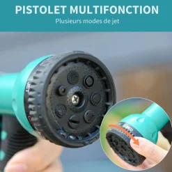 Dévidoir mural enrouleur automatique pivotant 180° tuyau 15 + 1,4 m avec lance arrosage support mural intégré turquoise gris