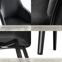 Ensemble 4 chaises ergonomiques cuir synthétique aspect velours noir