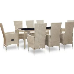 Ensemble a manger d'exterieur et coussins 9 pcs resine tressee