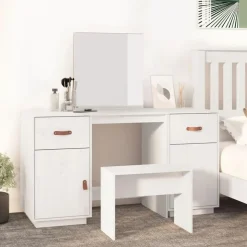 Ensemble de coiffeuse avec miroir Blanc Bois de pin solide