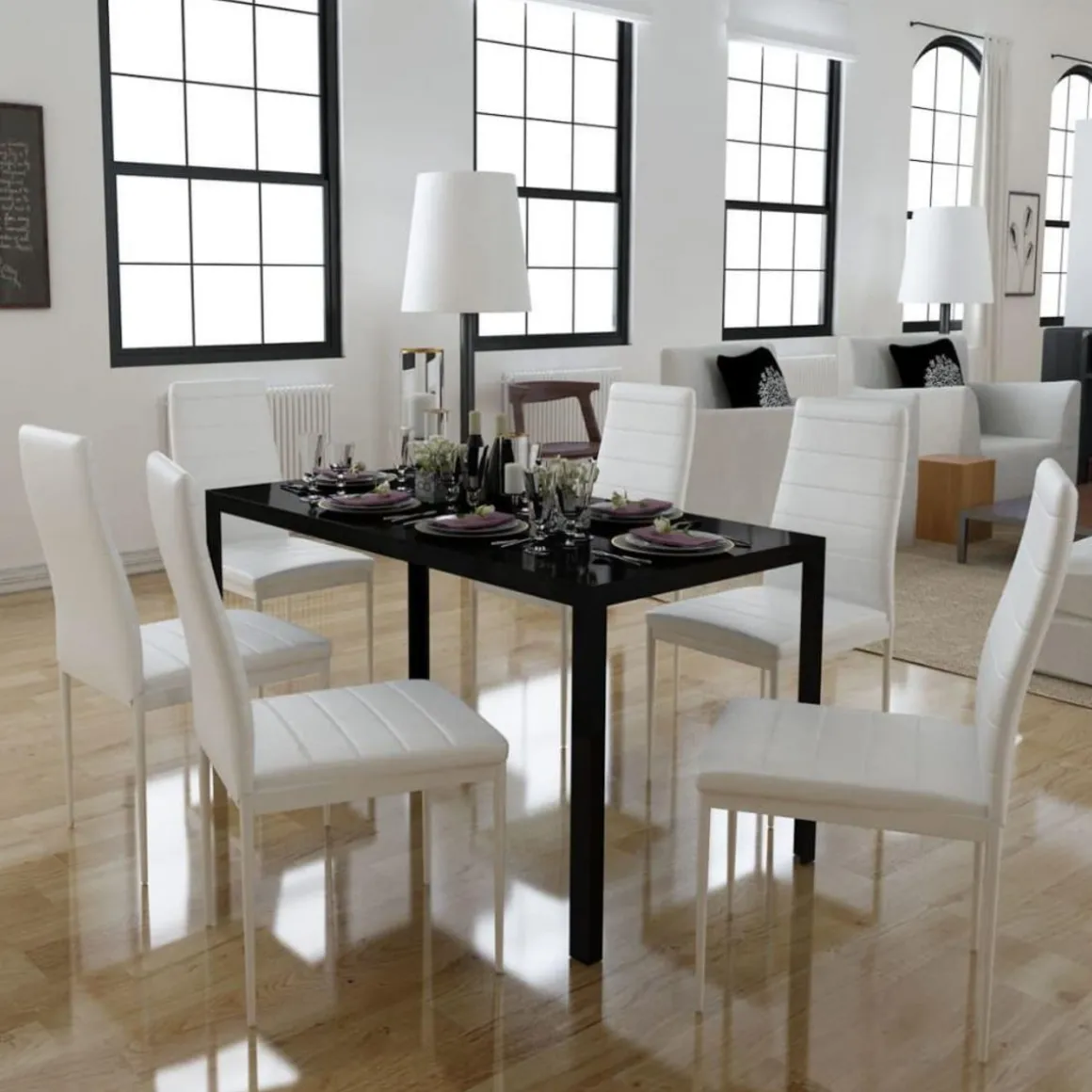Ensemble de table a manger sept pieces noir et blanc
