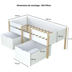 Ensemble Lit enfant mi hauteur 90X190cm avec échelle et 2 tiroirs + sommier ZEPHIR + matelas 90 x190 cm DIONE