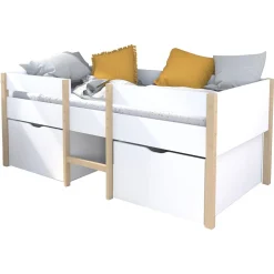 Ensemble Lit enfant mi hauteur 90X190cm avec échelle et 2 tiroirs + sommier ZEPHIR + matelas 90 x190 cm DIONE