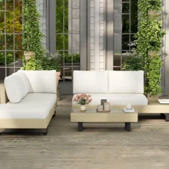 Ensemble salon de jardin d'angle 5 places design contemporain coussins déhoussables table basse acier époxy résine tressée beige