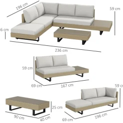 Ensemble salon de jardin d'angle 5 places design contemporain coussins déhoussables table basse acier époxy résine tressée beige