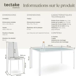 Ensemble table et chaises de salle à manger 5 pièces en Acier blanc