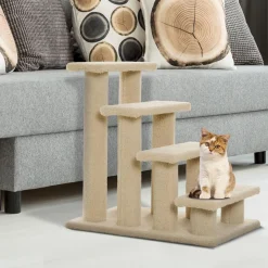 Escalier pour chat - escalier pour chien - 4 marches - revêtement flanelle grande douceur haute densité - structure panneaux particules - beige