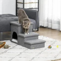 Escalier pour chat chien niche coffre 3 en 1 - 3 marches, coussin inclus - revêtement tissu rembourré doux - structure MDF - gris