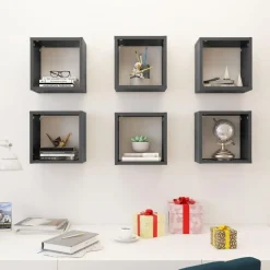 Etageres cube murales 6 pcs gris brillant 26x15x26 cm