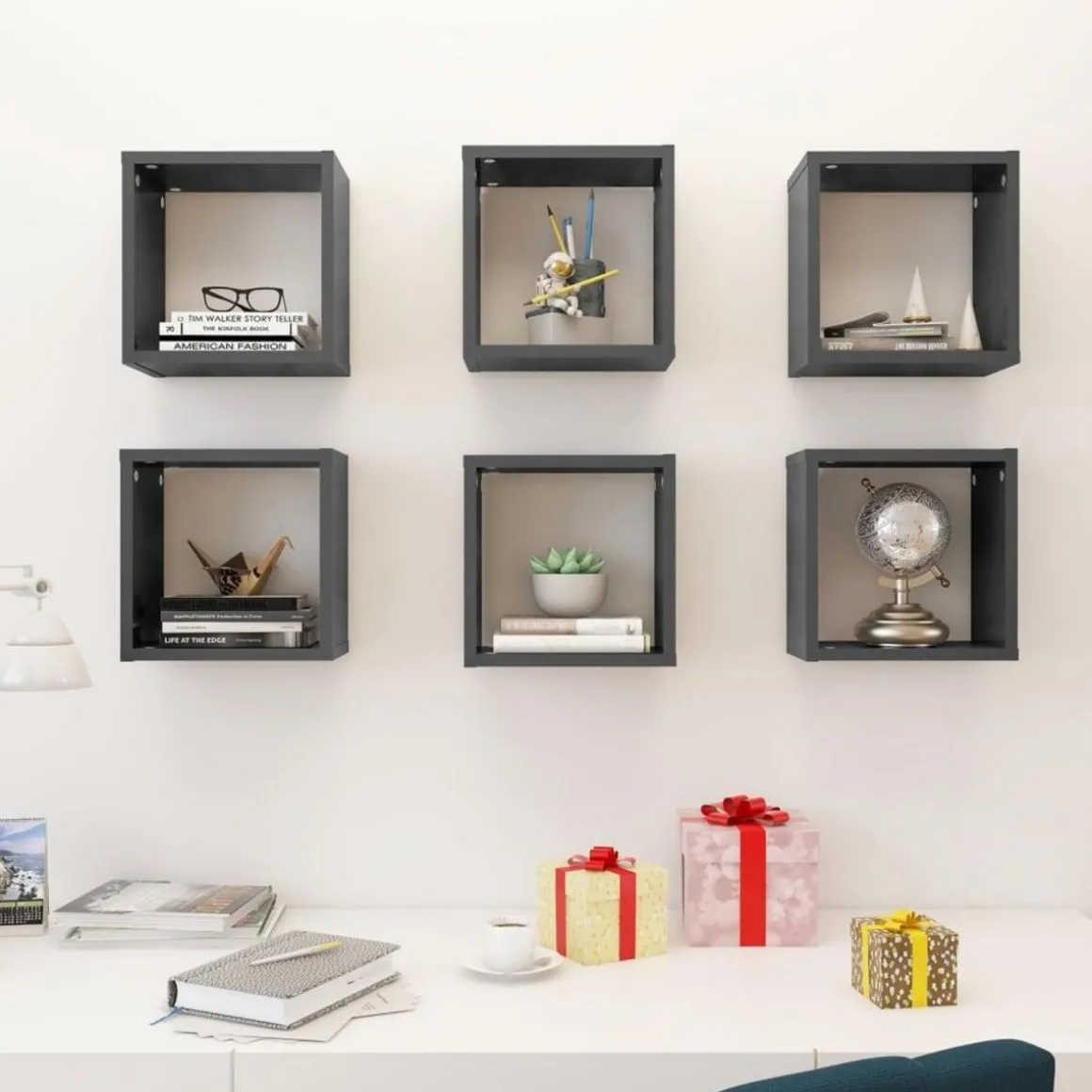 Etageres cube murales 6 pcs gris brillant 26x15x26 cm