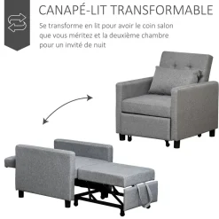 Fauteuil chauffeuse canapé-lit convertible 1 place dossier inclinable 3 positions coussin inclus polyester coton gris
