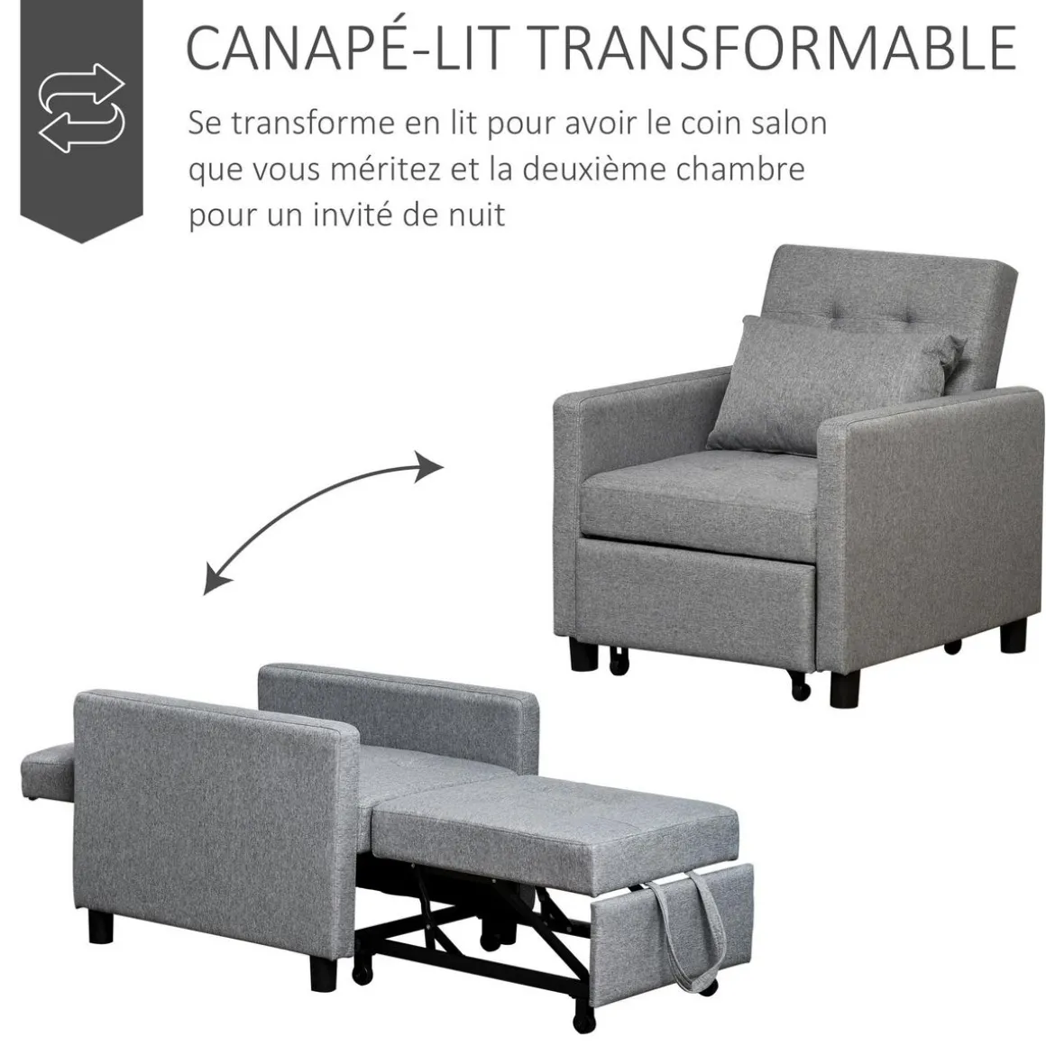 Fauteuil chauffeuse canapé-lit convertible 1 place dossier inclinable 3 positions coussin inclus polyester coton gris