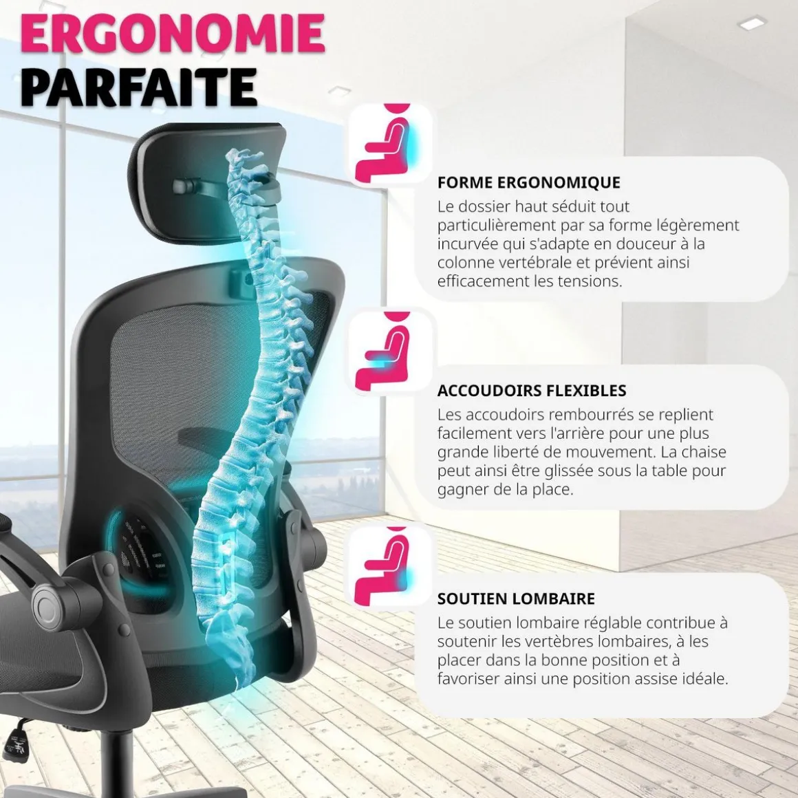 Fauteuil de bureau Arges ergonomique avec appuie-tête réglable