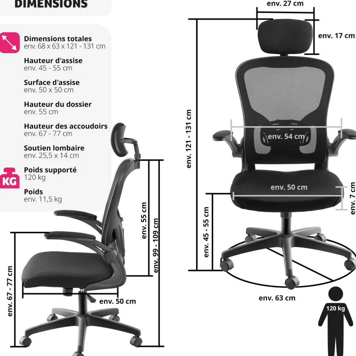 Fauteuil de bureau Arges ergonomique avec appuie-tête réglable