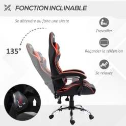Fauteuil de bureau gamer style baquet racing - pivotant, inclinable - coussins tétière et lombaires inclus - revêtement PU rouge noir