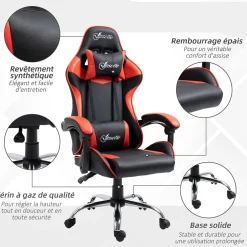 Fauteuil de bureau gamer style baquet racing - pivotant, inclinable - coussins tétière et lombaires inclus - revêtement PU rouge noir