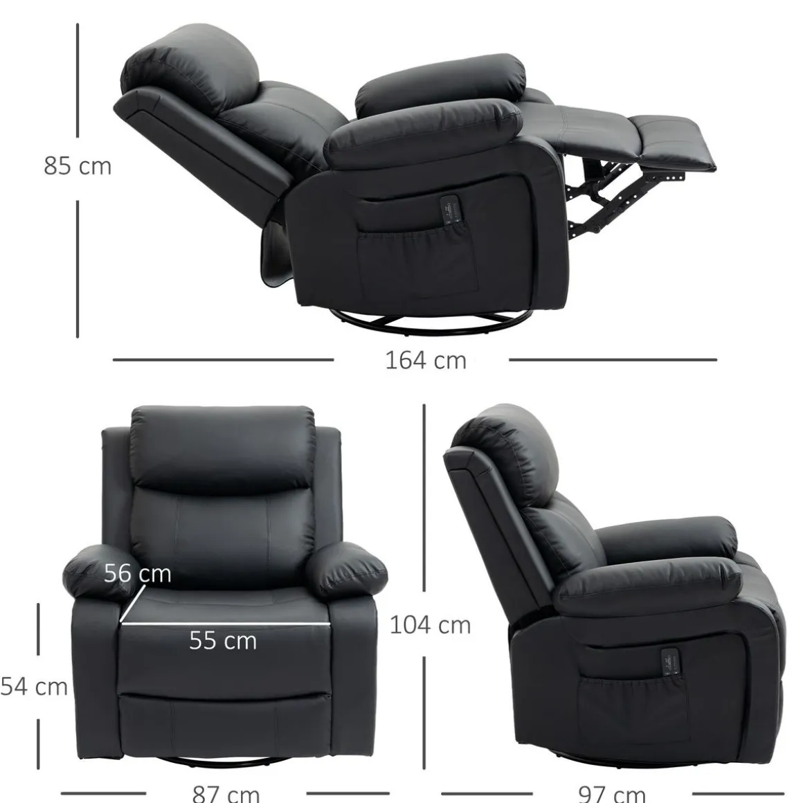 Fauteuil de massage et relaxation électrique inclinable pivotant repose-pied télécommande noir