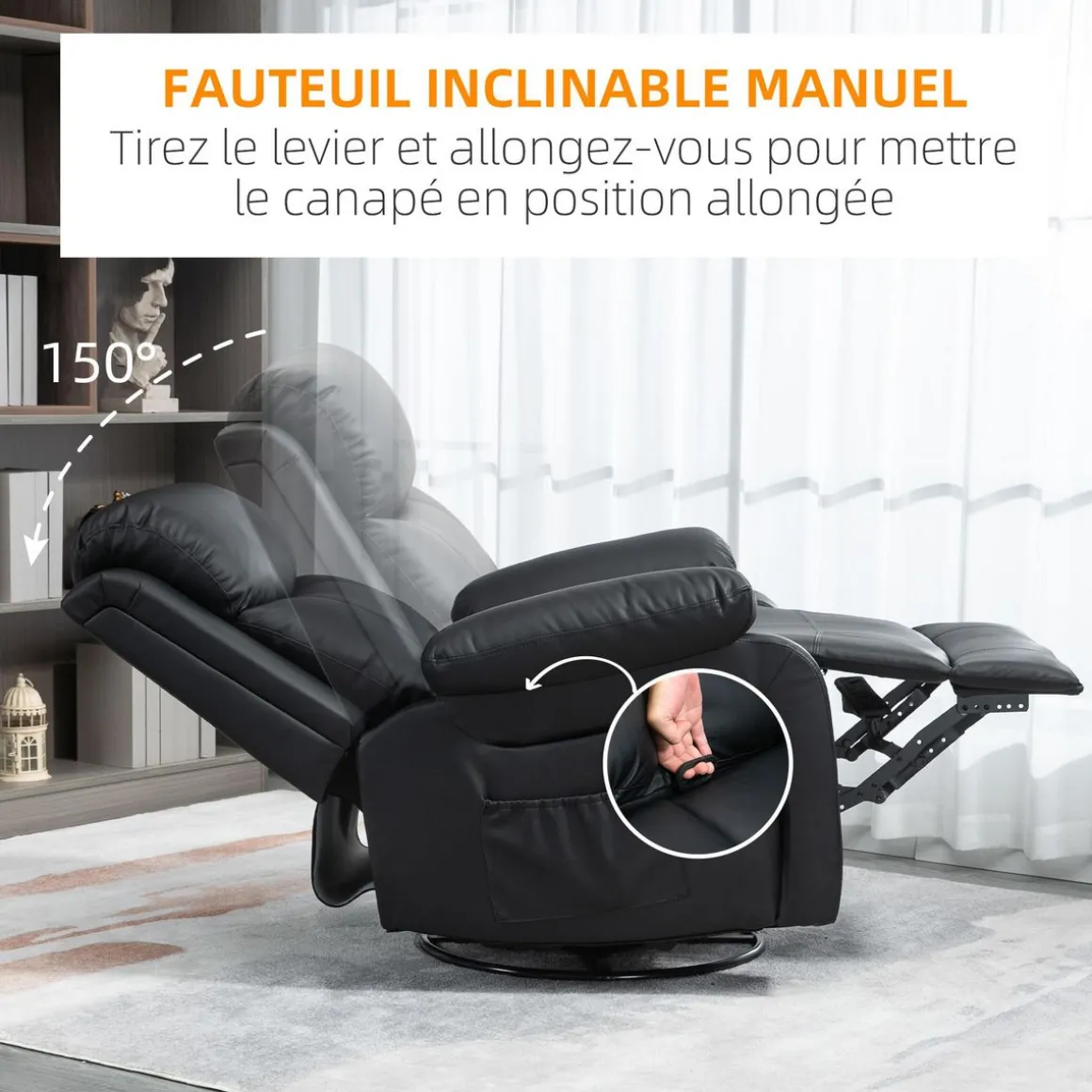 Fauteuil de massage et relaxation électrique inclinable pivotant repose-pied télécommande noir