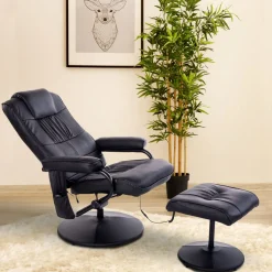 Fauteuil de massage et relaxation électrique pivotant inclinable avec repose-pied revêtement synthétique noir