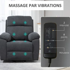Fauteuil de massage fauteuil releveur électrique inclinaison réglable repose-pied ajustable tissu gris