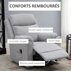 Fauteuil de relaxation électrique - fauteuil releveur inclinable avec repose-pied ajustable et télécommande - tissu aspect lin gris clair