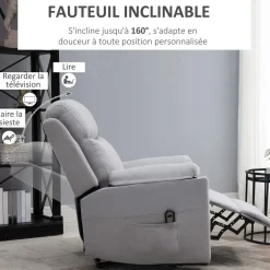 Fauteuil de relaxation électrique - fauteuil releveur inclinable avec repose-pied ajustable et télécommande - tissu aspect lin gris clair