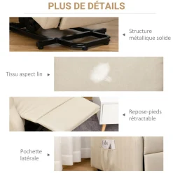 Fauteuil de relaxation électrique fauteuil releveur inclinable avec repose-pied ajustable lin beige