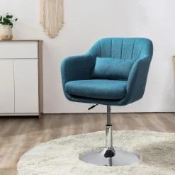 Fauteuil lounge design grand confort coussins lombaires hauteur réglable pivotant 360° piètement métal chromé lin bleu canard
