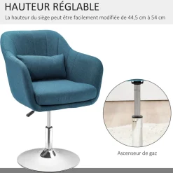 Fauteuil lounge design grand confort coussins lombaires hauteur réglable pivotant 360° piètement métal chromé lin bleu canard