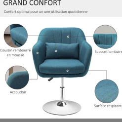 Fauteuil lounge design grand confort coussins lombaires hauteur réglable pivotant 360° piètement métal chromé lin bleu canard