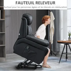 Fauteuil releveur inclinable avec repose-pied ajustable - fauteuil de relaxation électrique - revêtement synthétique noir