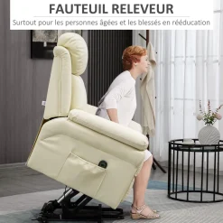 Fauteuil releveur inclinable avec repose-pied ajustable - fauteuil de relaxation électrique - revêtement synthétique crème