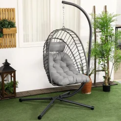 Fauteuil suspendu de jardin pliable avec matelas métal résine gris