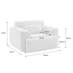 Fauteuil tissu bouclette blanche. lignes arrondis. coussin fourni. Wallas. L 116 x P 97 x H 73cm