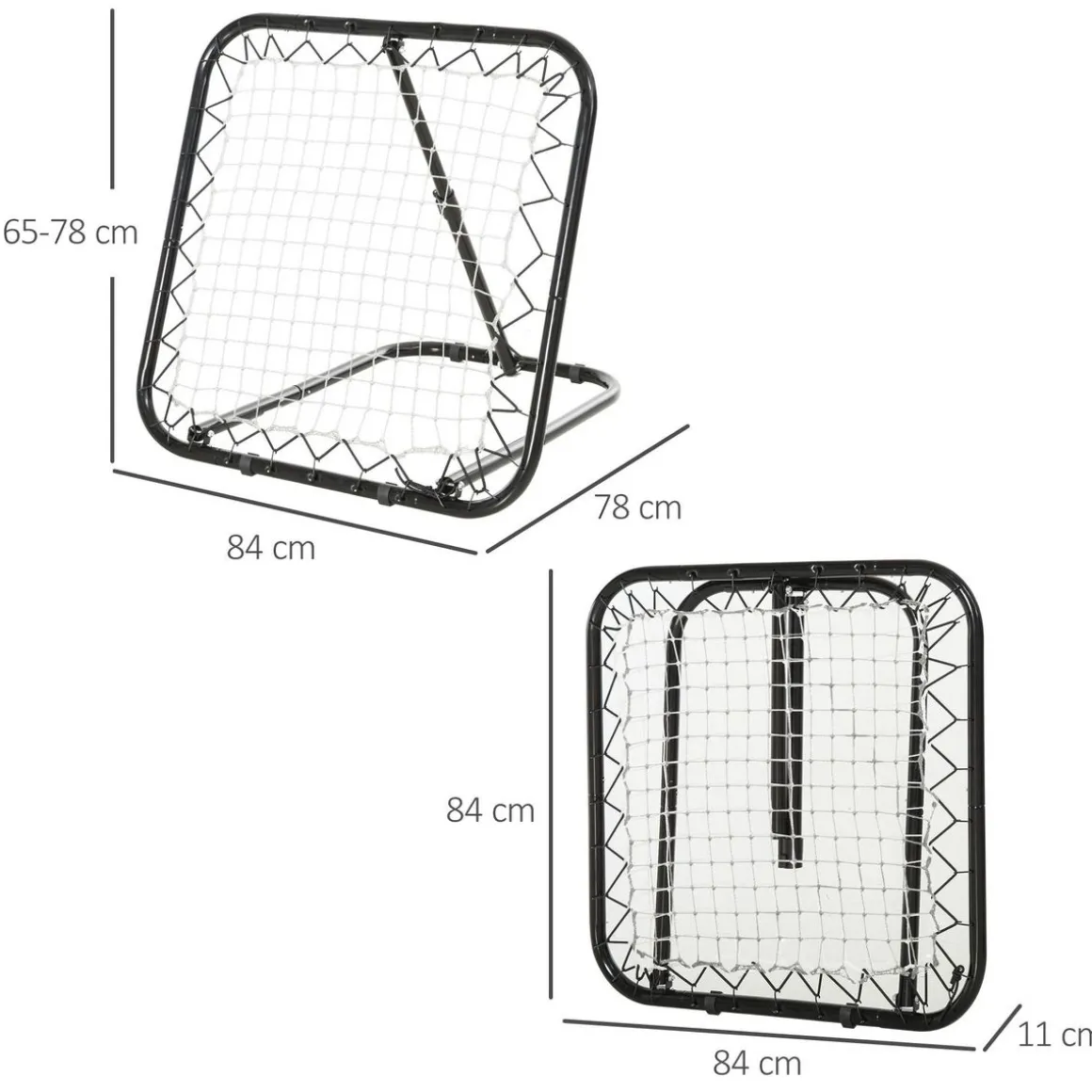 Filet de rebond de football pliable - inclinaison réglable 5 positions - dim. 84L x 78l x 78H cm - piquets d'ancrage inclus filet PE blanc métal époxy noir