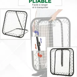 Filet de rebond de football pliable - inclinaison réglable 5 positions - dim. 84L x 78l x 78H cm - piquets d'ancrage inclus filet PE blanc métal époxy noir