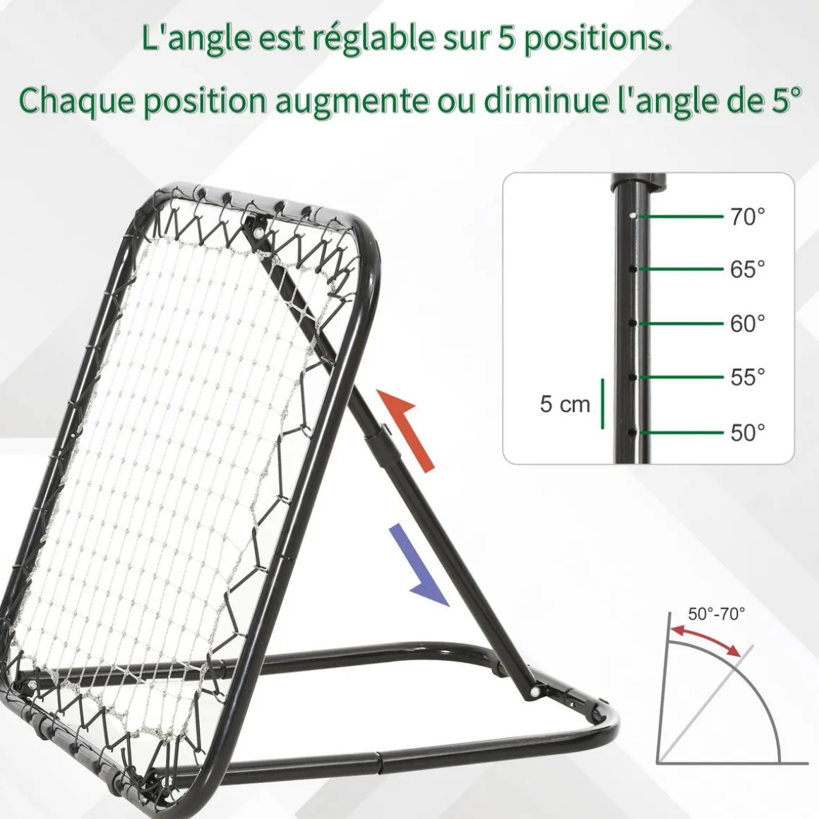 Filet de rebond de football pliable - inclinaison réglable 5 positions - dim. 84L x 78l x 78H cm - piquets d'ancrage inclus filet PE blanc métal époxy noir