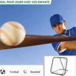 Filet de rebond de football pliable - inclinaison réglable 5 positions - dim. 84L x 78l x 78H cm - piquets d'ancrage inclus filet PE blanc métal époxy noir