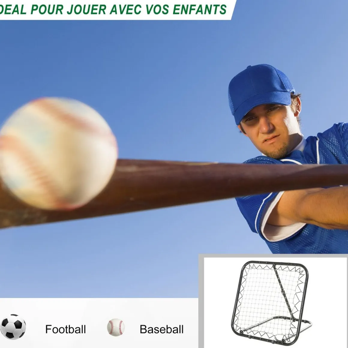 Filet de rebond de football pliable - inclinaison réglable 5 positions - dim. 84L x 78l x 78H cm - piquets d'ancrage inclus filet PE blanc métal époxy noir