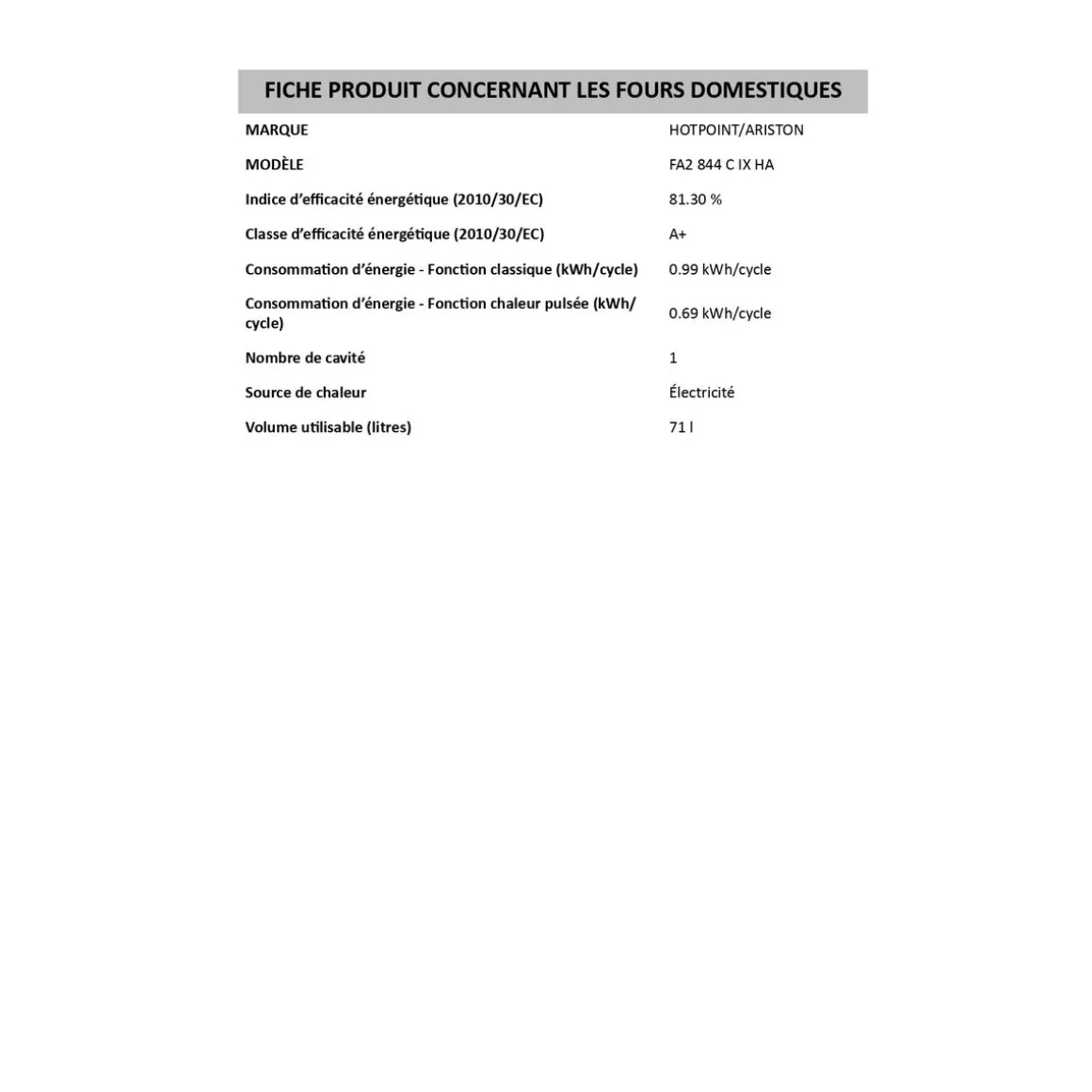 Four Encastrable FA2844CIXHA, 71 L, Multifonction, Chaleur pulsée, Nettoyage catalyse