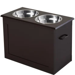 Gamelle double chien chat Porte-gamelles surélevé dim. 60L x 30l x 41H cm 2 gamelles poignées coffre MDF