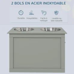 Gamelle double chien chat Porte-gamelles surélevé dim. 60L x 30l x 41H cm 2 gamelles poignées coffre MDF