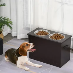 Gamelle double chien chat Porte-gamelles surélevé dim. 60L x 30l x 41H cm 2 gamelles poignées coffre MDF