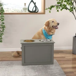 Gamelle double chien chat Porte-gamelles surélevé dim. 60L x 30l x 41H cm 2 gamelles poignées coffre MDF