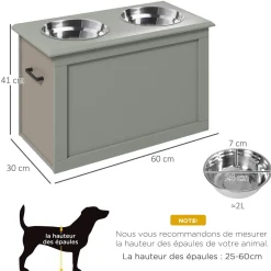Gamelle double chien chat Porte-gamelles surélevé dim. 60L x 30l x 41H cm 2 gamelles poignées coffre MDF