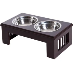 Gamelle double chien chat Porte-gamelles surélevé dim. 44L x 24l x 15H cm 2 gamelles acier inox. incluses MDF